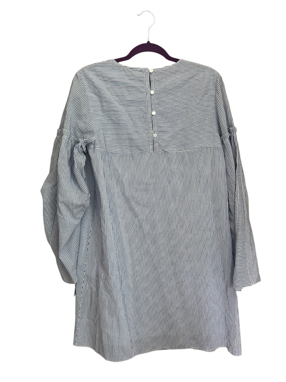 Tibi Elliot Striped Cotton Trapeze Dress Blue White Bell Sleeve Ruched Size 4 - Picture 3 of 14